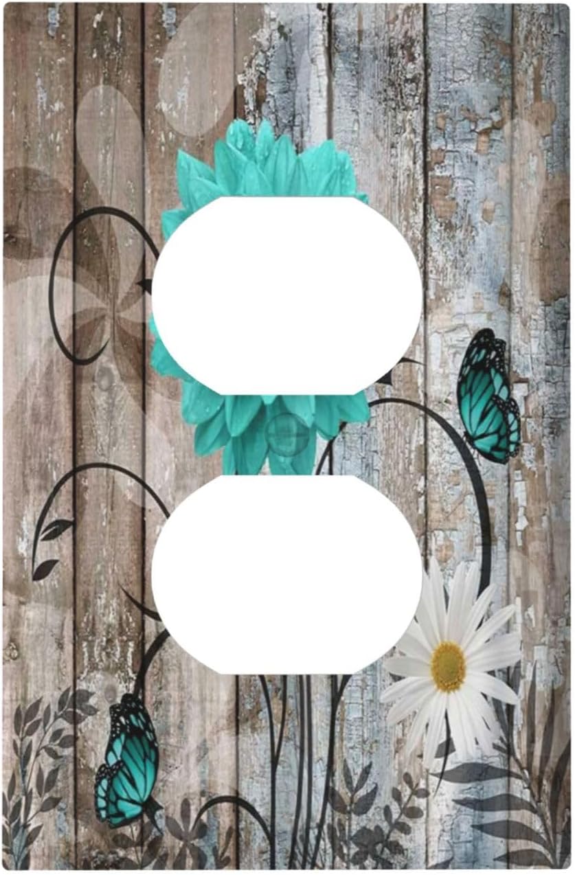 Country Turquoise Blue Daisy Rustic Wood Plank Single Duplex Wall Plate Covers Light Switch Cover 1 Gang Outlet Plate Decorative Switchplate Covers Electrical Faceplate for Farmhouse Country Bedroom