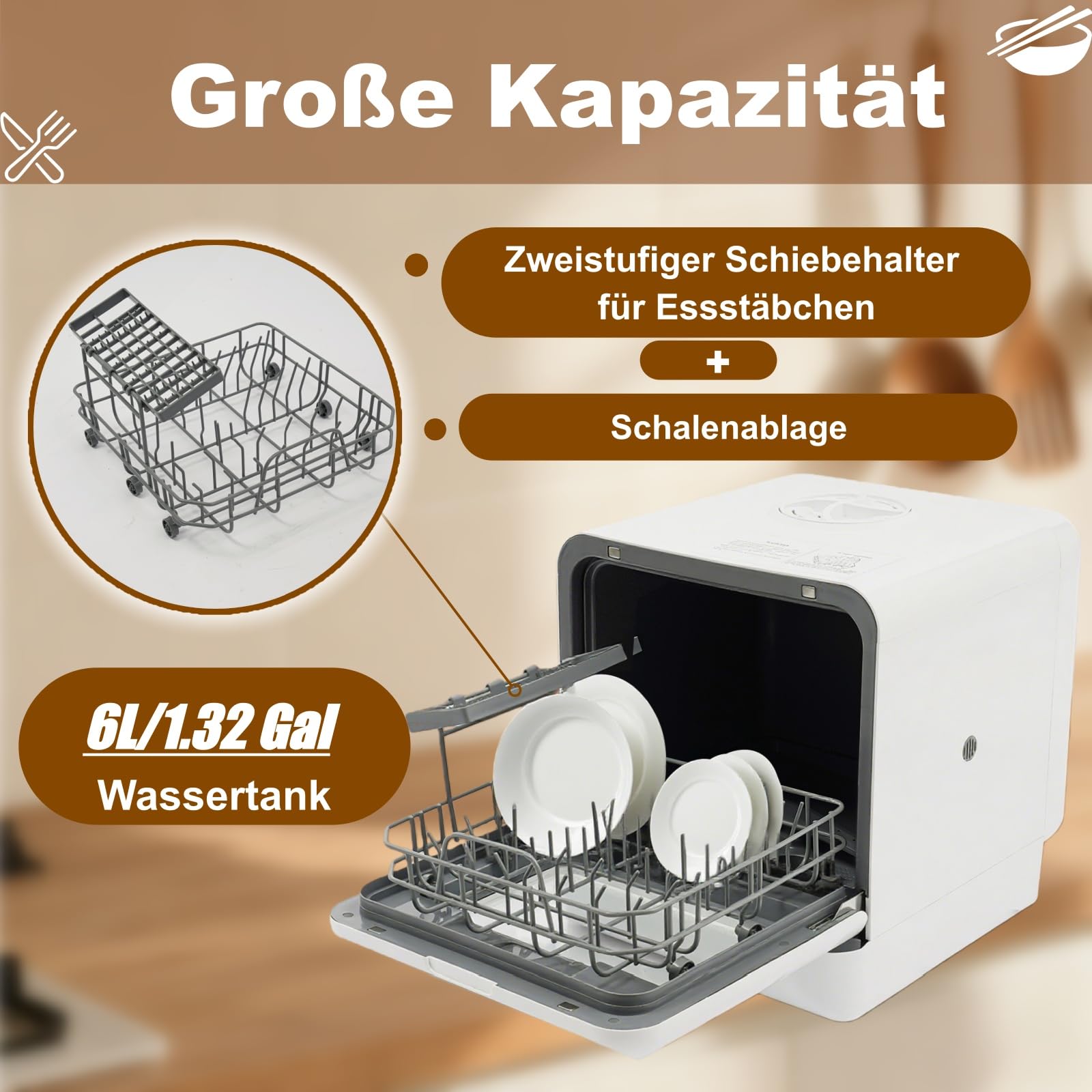 Spülmaschine, Mini Geschirrspüler Tischgeschirrspüler 72℃ mit 4 Waschmodi und 6L Wassertank, 25 mins (Schnell)/ 70 mins (Standard)/120 mins (Stark)/60 mins (Trocken), Dishwasher Touch Control