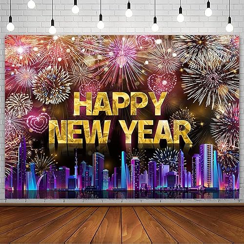 AIBIIN Telón de fondo de 7 x 5 pies con texto en inglés Happy New Year 2024, noche de la ciudad, víspera de Año Nuevo, grandiosos fuegos