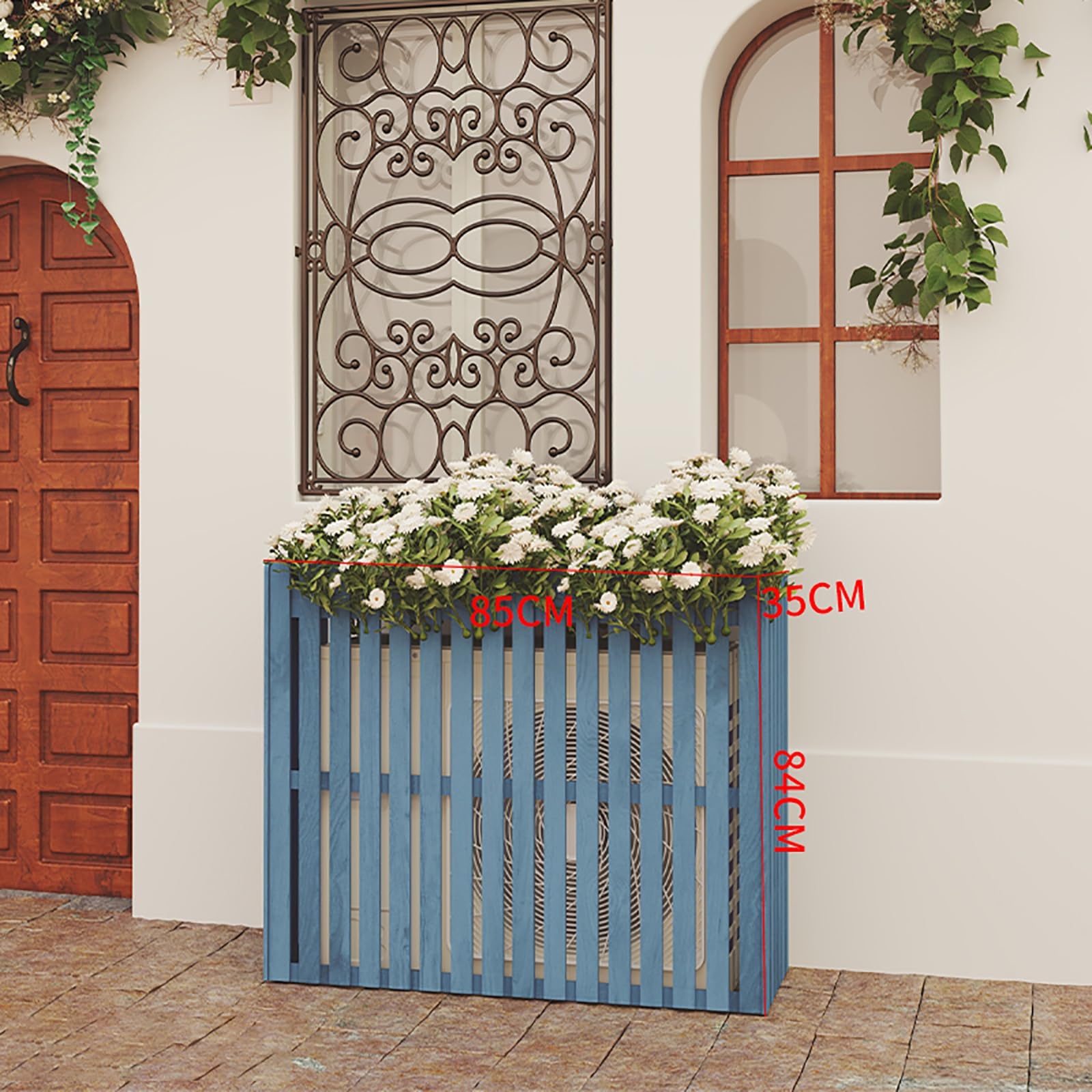 Housse de protection contre l'air extérieur – Clôture d'intimité en bois imperméable et fleur – et protection fonctionnelle de l'unité AC – Couleur bleue, parfaite pour les jardins et les terrasses.