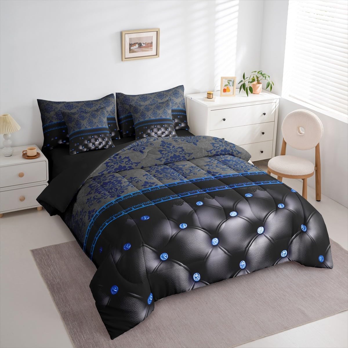 Blue Damask Bed in a Bag King Size Comforter Set 7-Piece,Luxury Black Diamond Texture Pattern Bohemian Bedding Sets Antique Decor Gothic Vintage Floral Comforter and Sheet Set, Boho Baroque Room Decor