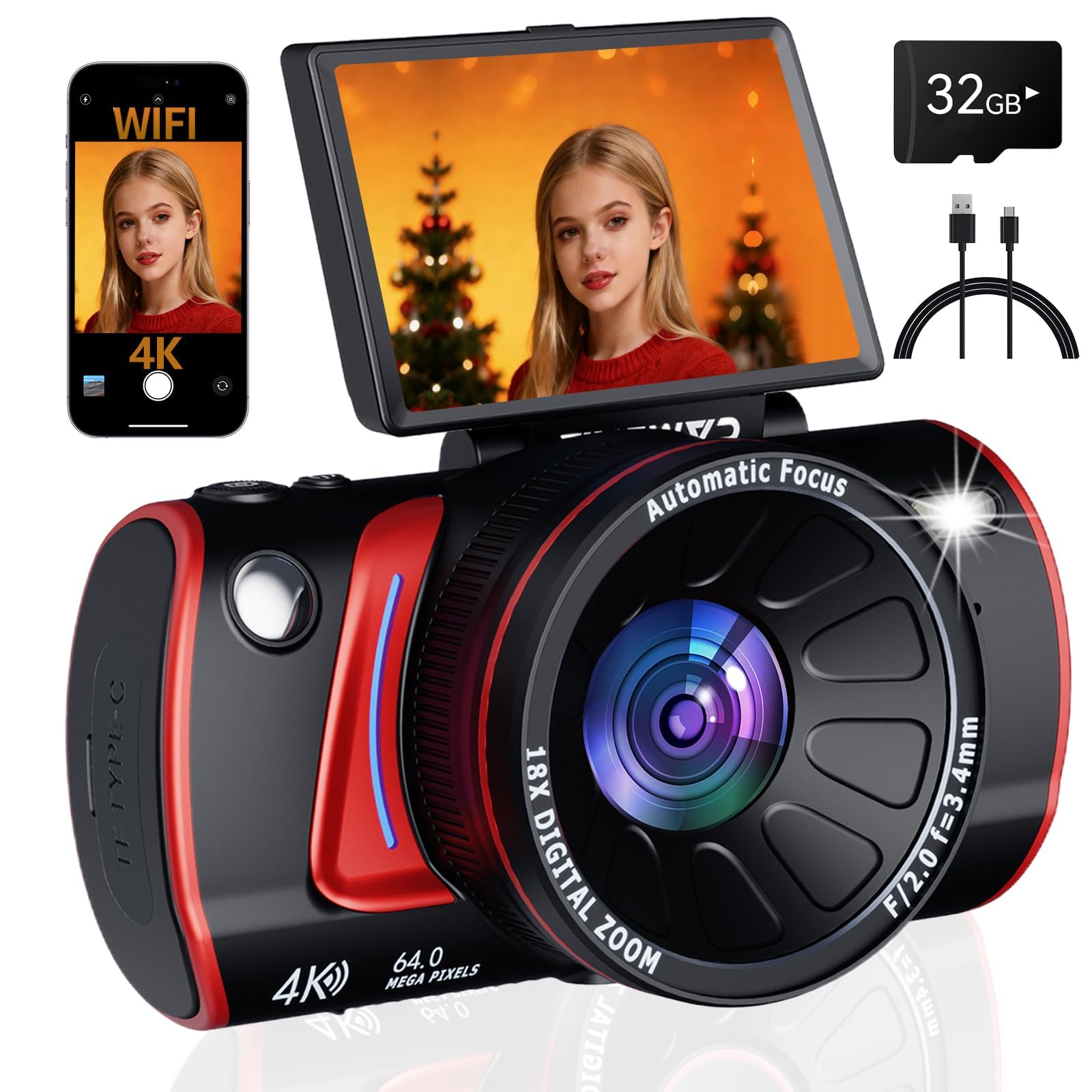4K Digital Camera for Photography, 64MP WiFi Vlogging Camera for Beginners with 3" 180° Flip Screen, 18X Digital Zoom, Point and Shoot Cameras for YouTube with 32GB SD Card(Black)-image-48
