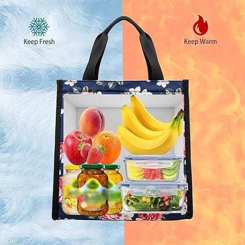 Miniatura 7 de Yobagar Bolsa de almuerzo reutilizable con aislamiento térmico para hombres y mujeres, ligera, elegante, poliéster, azul floral