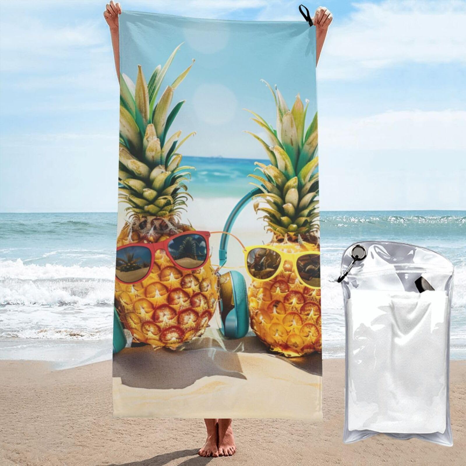 kkvhhyuo Microfiber Beach Towel, Beach Two Pineapples Sea Printed Lightweight Quick Dry Travel Bath Sheet with Compact Carry Bag for Swimming Yoga Camping Gym,31.5"x63"