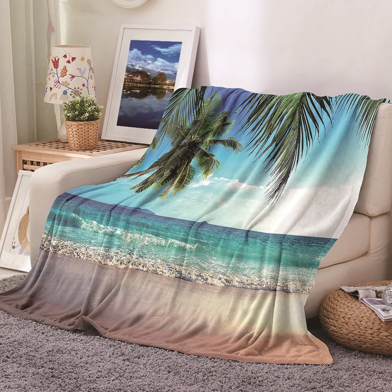 Plaid polaire flannel thermique motif cocotiers de la mer