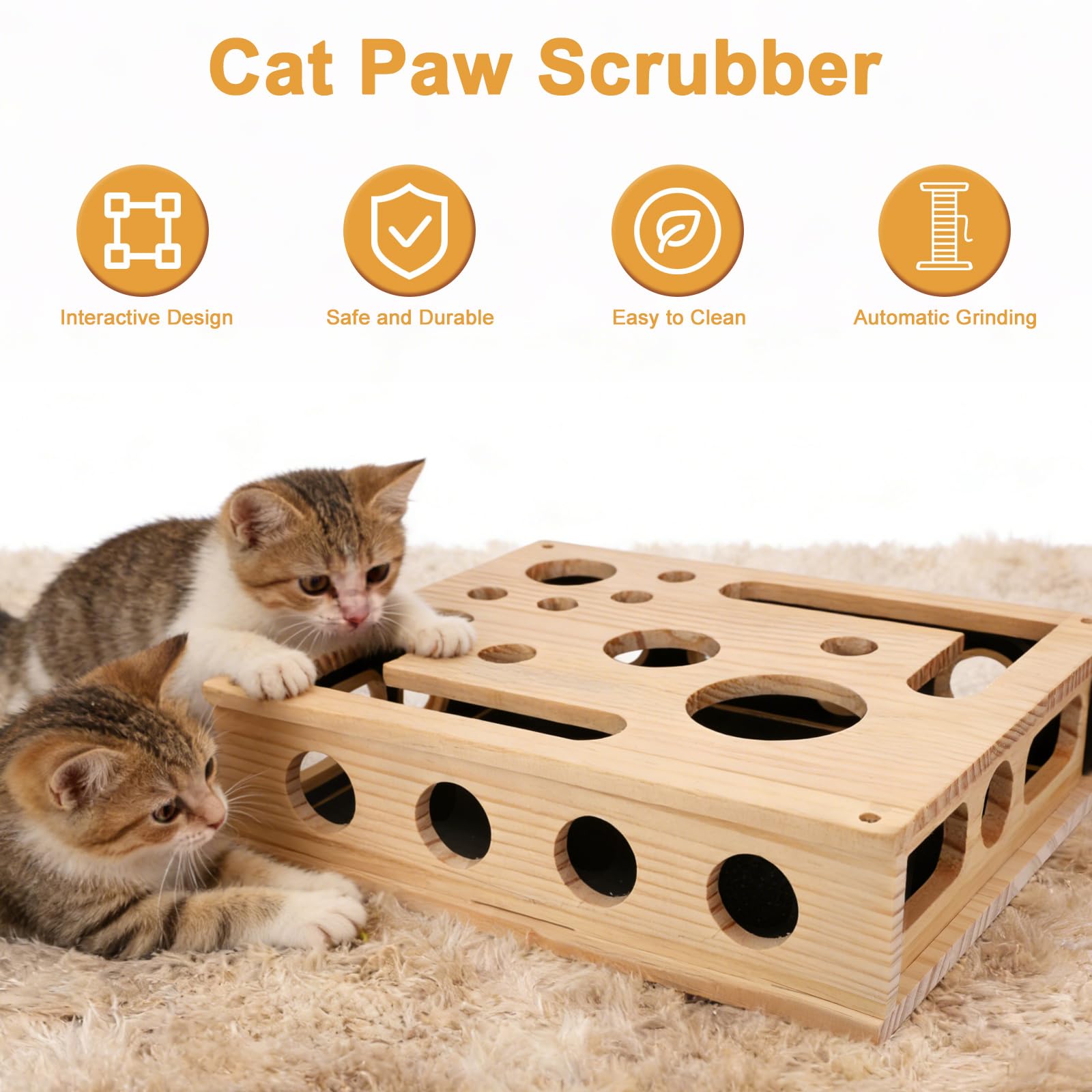 Caja de Enriquecimiento con Rompecabezas Rascar para Gatos con 3 Bolas de Cascabel, Lima Uñas Interactiva Madera para Gatos y Rascador Papel Lija en el Interior Lima Uñas Antiestrés