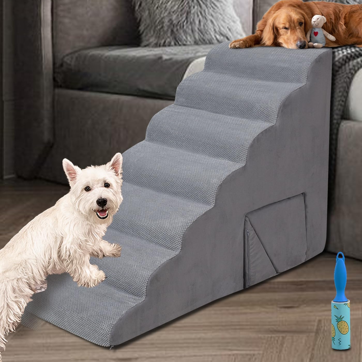 A.FATI 7-Tier Foam Dog Stairs, 33 Inch 2-in-1 Non-Slip Pet Ramp for High Beds & Sofas, Joint Protection Pet Steps for Senior/Short-Legged Dogs & Cats, High-Density Foam, Supports Up to 60 LBS
