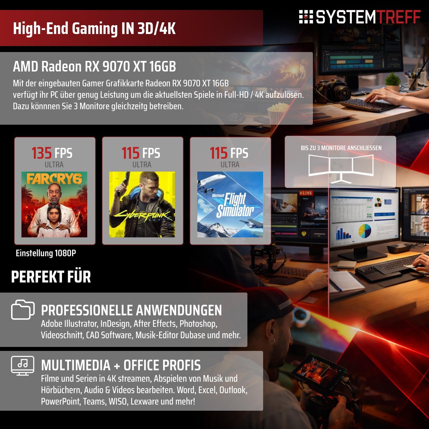 SYSTEMTREFF High-End Gaming PC - AMD Ryzen 7 7800X3D - RX 9070 XT 16GB | AMD 8-Kern CPU bis 5 GHz, 32GB DDR5, 1TB M.2 NVMe SSD, AMD Grafik WLAN, Windows 11, für Gaming, Streaming