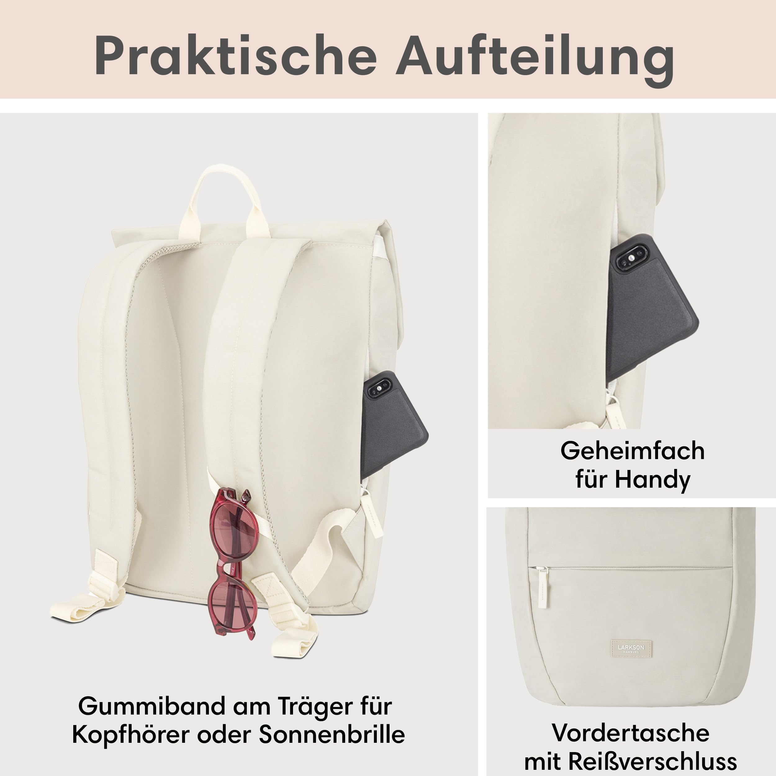 LARKSON Rucksack Damen Klein Beige - Ronja - Moderner Tagesrucksack mit Laptopfach für Uni Business City - 10L - Nachhaltig - Wasserabweisend