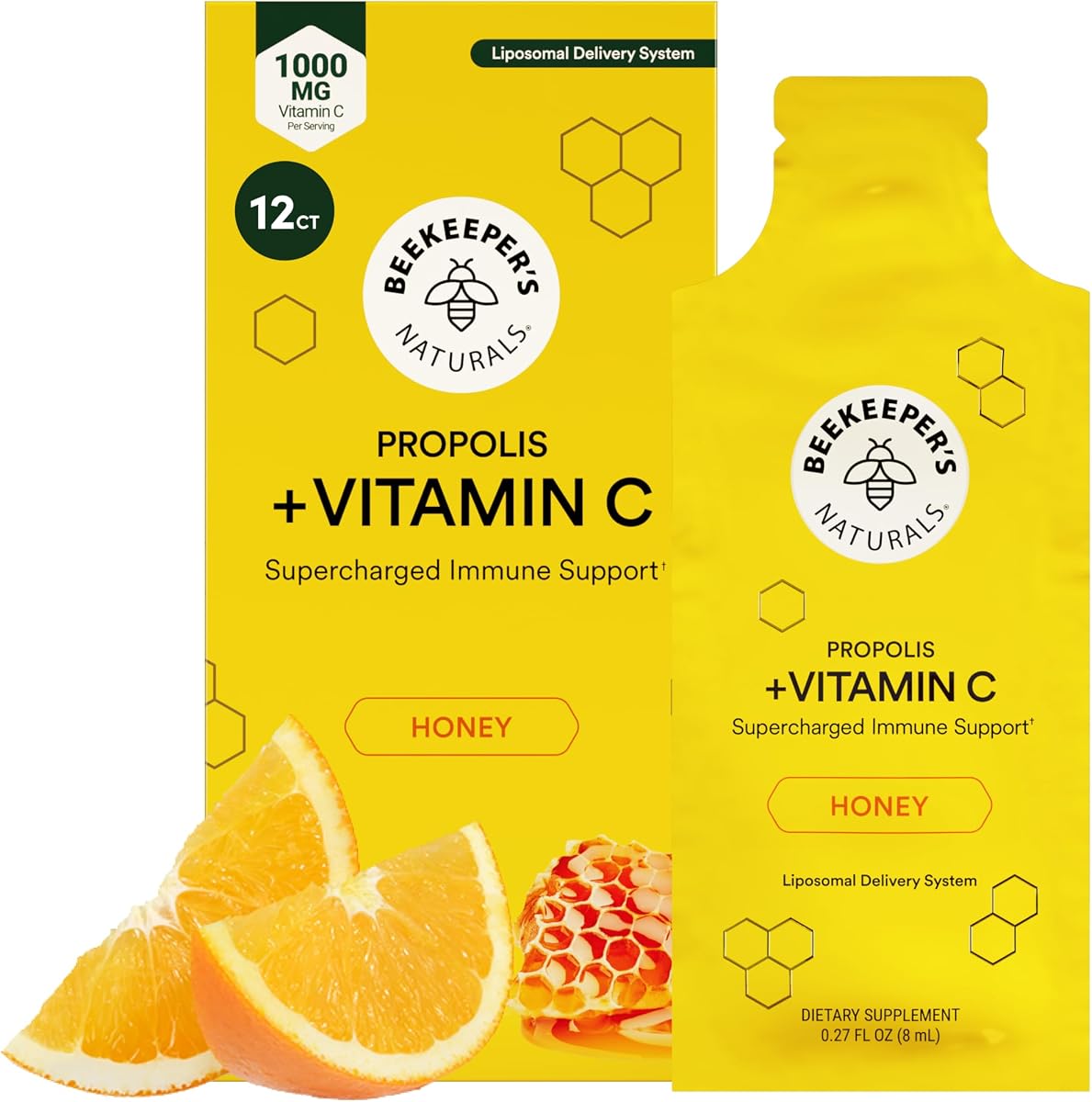 Beekeeper's Naturals Liposomal Vitamin C (1000mg) + Propolis Packets, 12 Ct | Propolis & Honey, Supercharged Immune Support, Increased Bioavailability for Max Absorption