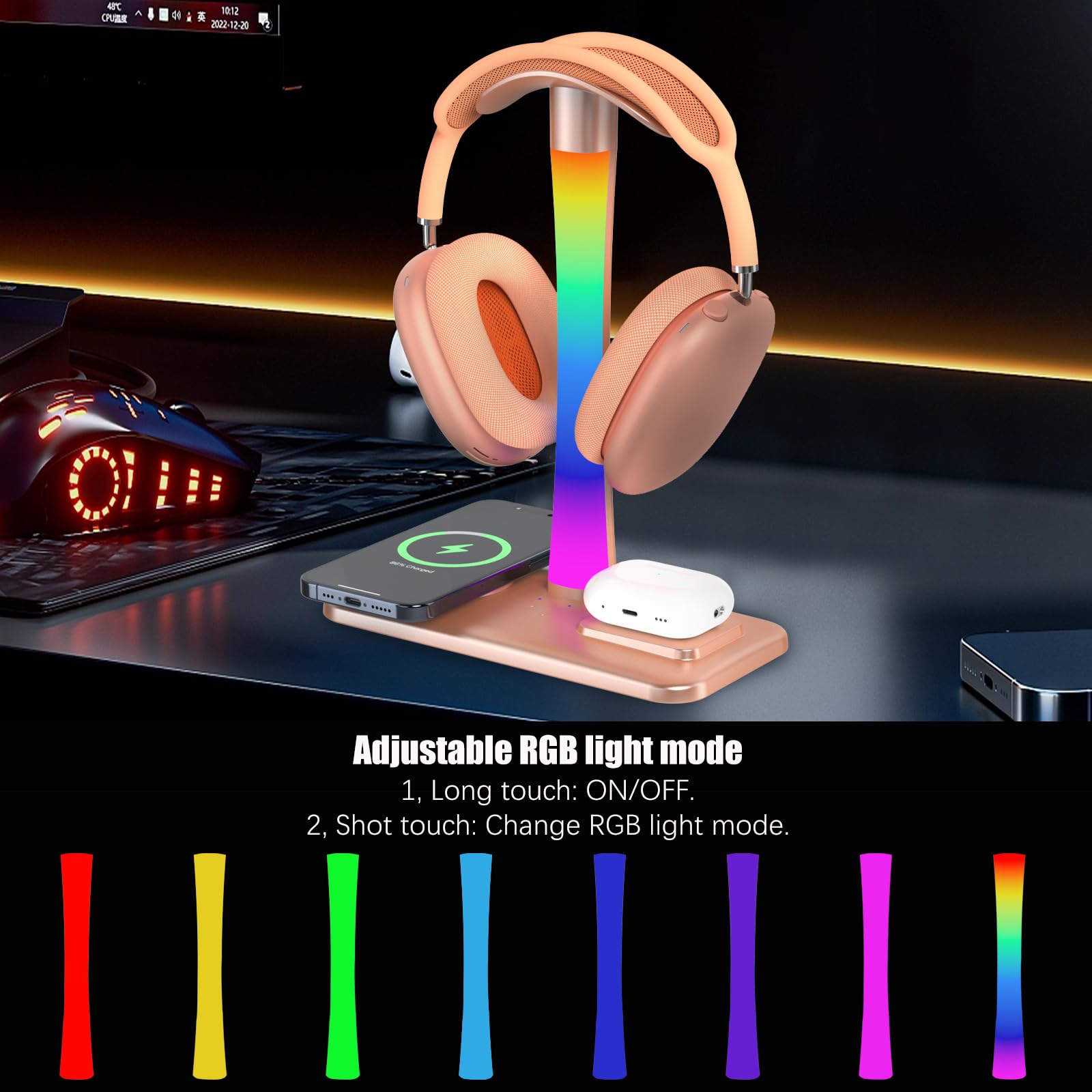 Tascaquin Supporto Per Cuffie con Caricabatterie Wireless, Per Cuffie Da Gioco con Luce RGB,Supporto Per Airpod Max Compatibile con Airpod Pro/3/2,iPhone 16/15/14/13/12/11,Regali per Giocatori (Oro)