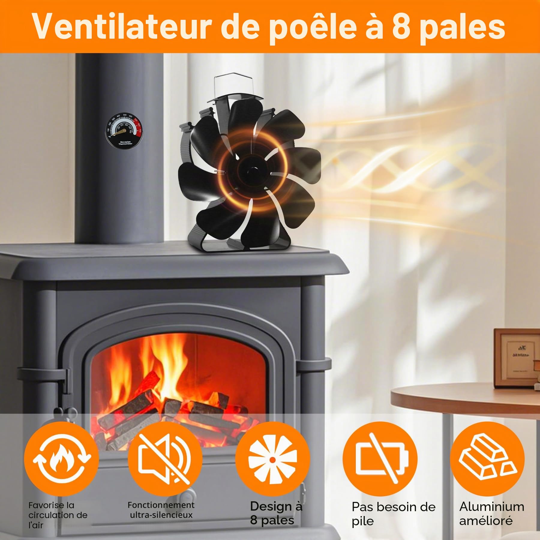 Ventilateur Poêle à Bois, 8 Pales Avec Thermomètre Silencieux - Ventilateur Cheminée Alimenté par la Chaleur - Pour Poêle à Bois/Cheminée/Gaz/Bûches