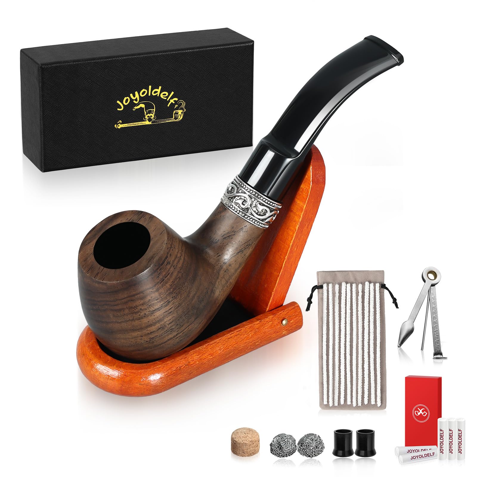 Joyoldelf Tobacco Pipe, Wooden Smoking Pipe with Pipe Stand, Vintage Ebony Tobacco Pipes for Smoking with Pipe Scraper, 9mm Pipe Filter, Tobacco Pouch and Smoking Accessories