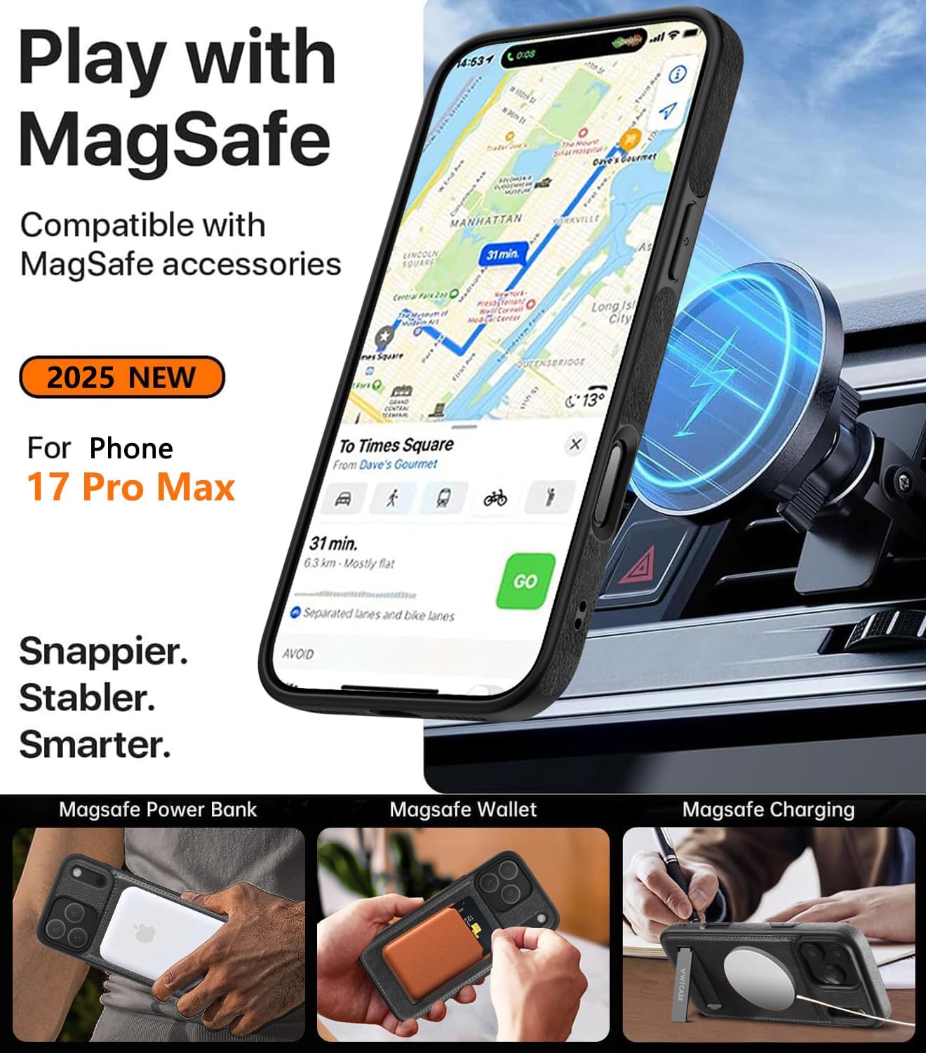 WTCASE Magnetic for iPhone 17 Pro Leather Case,Built-in Invisible Stand [Compatible with Magsafe] Protective Slim Kickstand Phone Cover for iPhone 17 Pro Case, Black