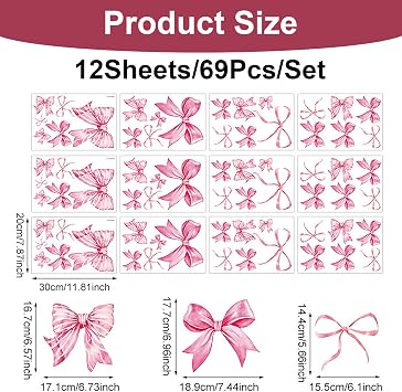 12 Sheets 69Pcs Pink Bow Wall Stickers, Watercolor Pink Bow Wallpaper, Easy Peel and Stick Wall Stickers for Girls Bedroom, Nursery, Living Room