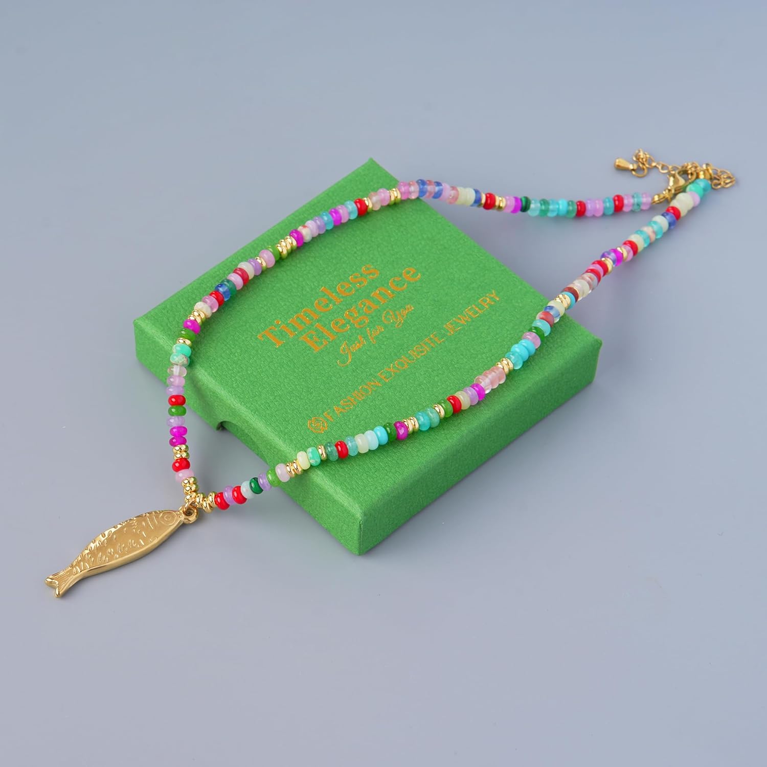 Boho Fish Necklace for Women, Colorful Natural Stone Beaded Fish Pendant Necklace, Summer Beach Jewelry Gifts for Swimwear & Vacation - Image 7