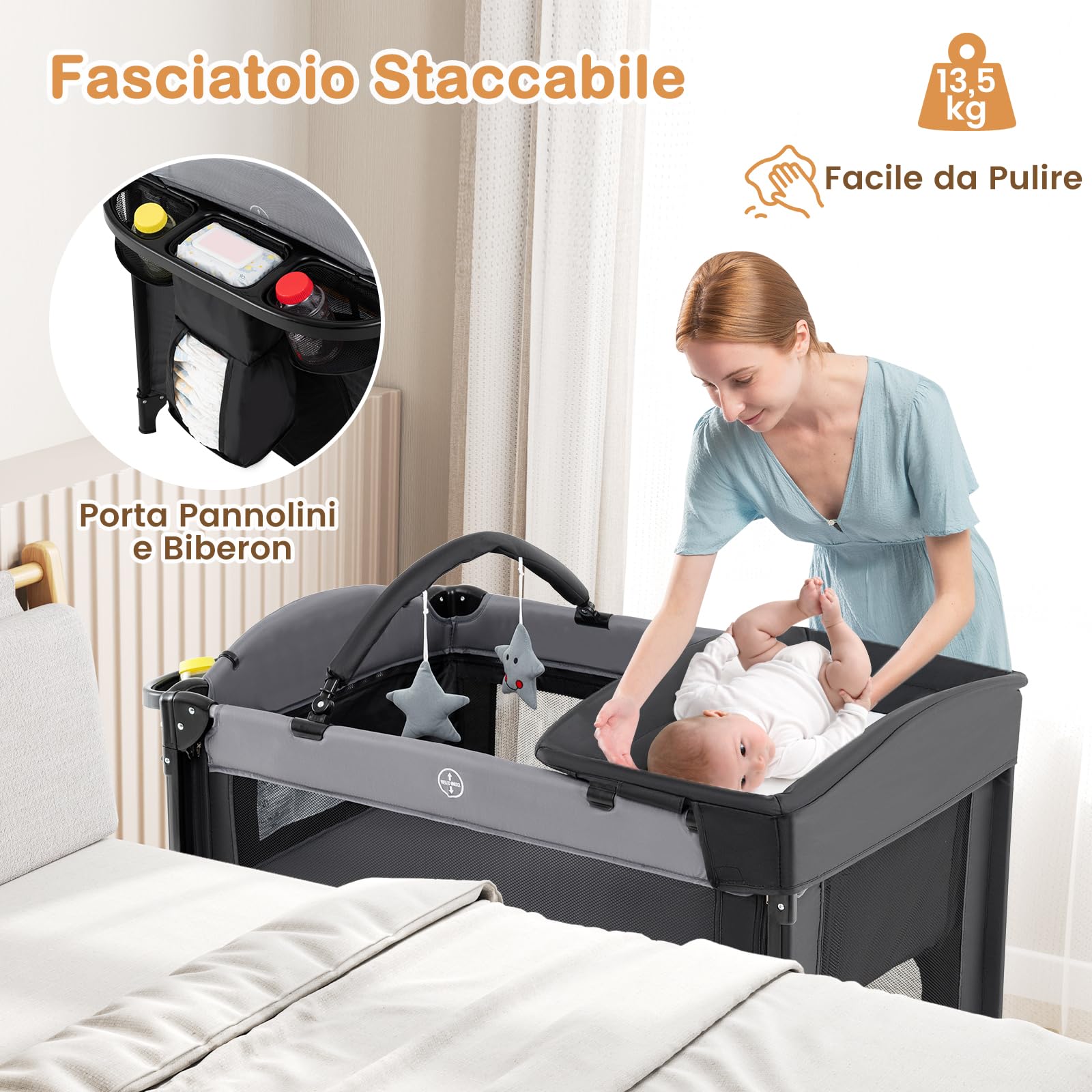 RELAX4LIFE 4 in 1 Lettino Neonato con Baldacchino Retrattile, Culla da Campeggio con Fasciatoio e Cintura di Fissaggio, Altezza Regolabile in 4 Livelli, Adatto a Bambini da 0 a 36 Mesi