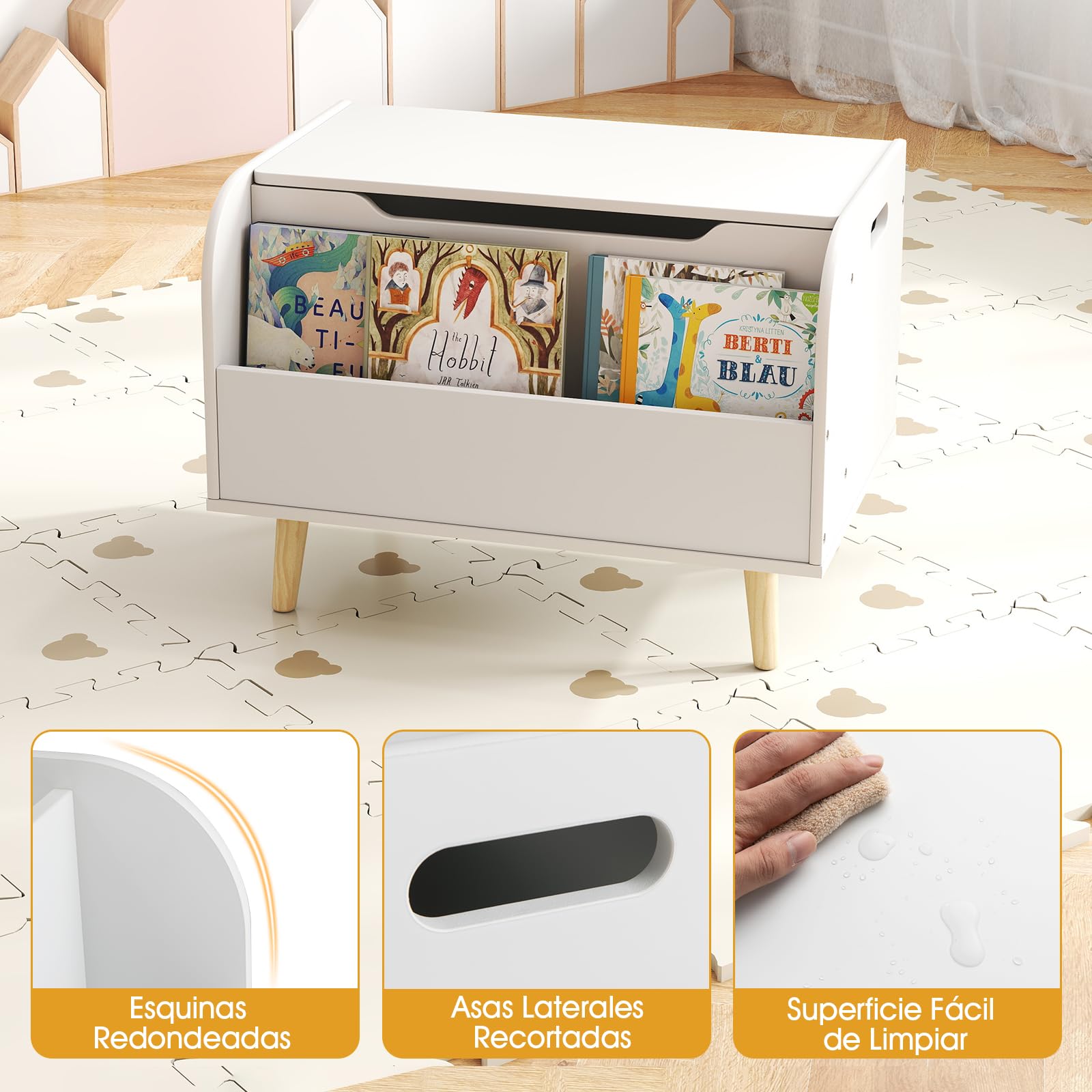 COSTWAY Baúl de Almacenaje, Caja de Juguetes de Madera para Niños con Estantería, Organizador de Juguetes con 4 Patas de Madera Maciza, Tapa Abatible, Bisagra de Seguridad (Blanco)