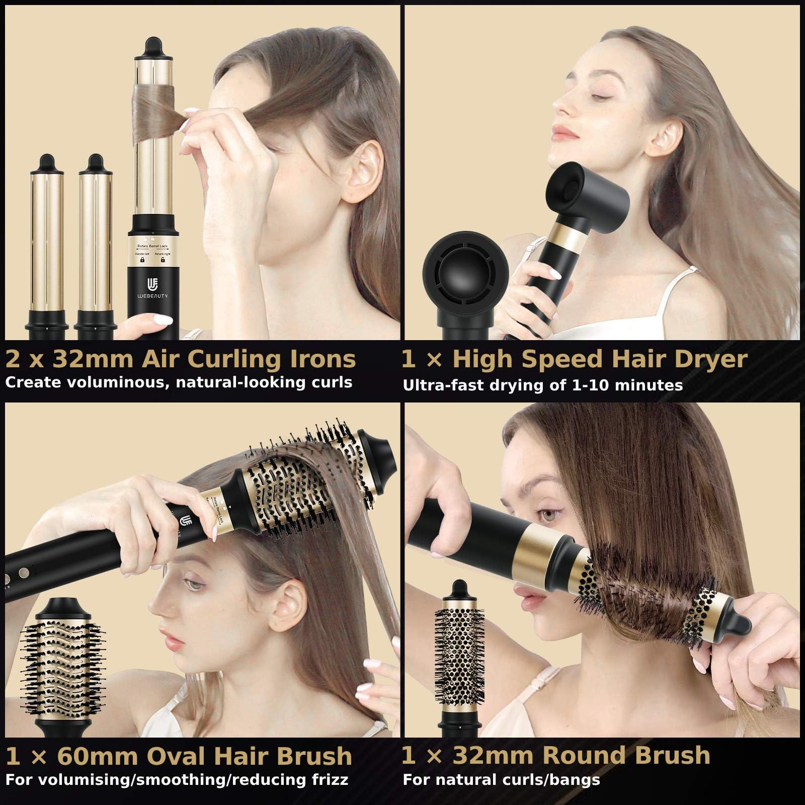 webeauty [Dual Voltage] 6in1 Airstyler Neues Upgrade,110,000U/Min, 30M/S, 500 Millionen Negative Ionen Hochgeschwindigkeit Haartrockner mit Föhnbürste, Rundbürsteföhn, Air Lockenstäbe, Schwarz (Grün)