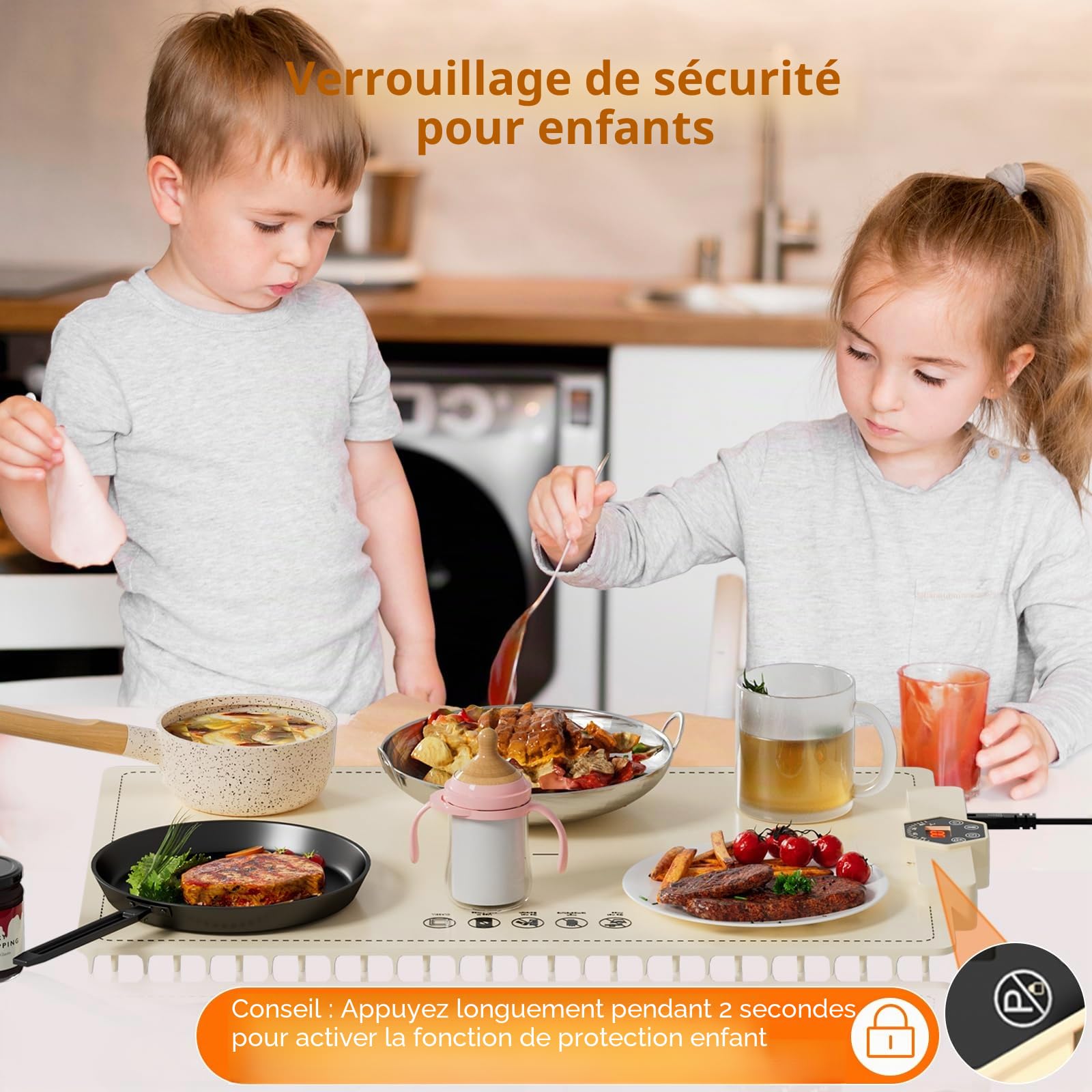 INNOWARMER Chauffe Plat Électrique, Plaque Chauffante Électrique Silicone Pliable Flexible, Plaque Chauffante avec 5 Température Réglable et Minuteur, Chauffe Plat pour Buffet Fête Familiale (Blanc)
