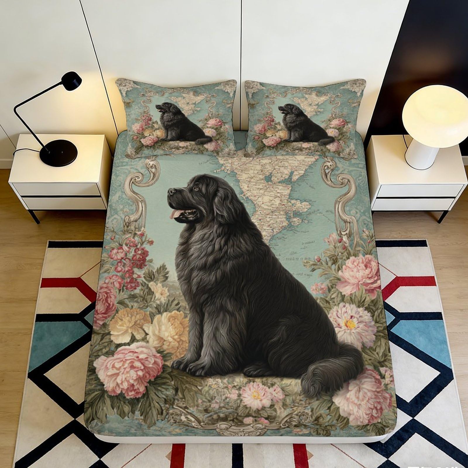 3D Printed Black Newfoundland Dog Fitted Sheet Microfiber Floral Bed Cover Anti-Slip Machine Washable Bedroom Home Decor 90x200x25cm