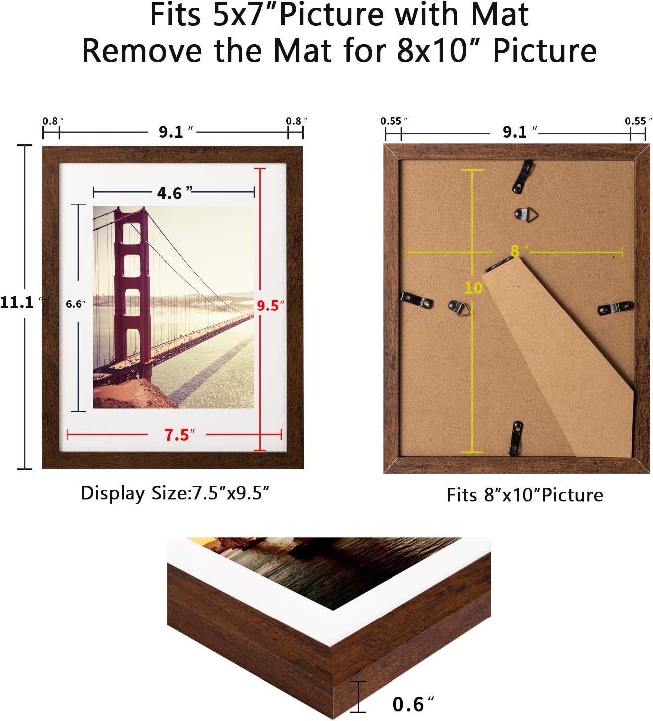 BAIJIALI 8x10 Picture Frame Rustic Wood Pattern Set of 5 with Tempered Glass,Display Photos 5x7 with Mat or 8x10 Without Mat, Horizontal and Vertical Formats for Wall and Table Mounting,Brown