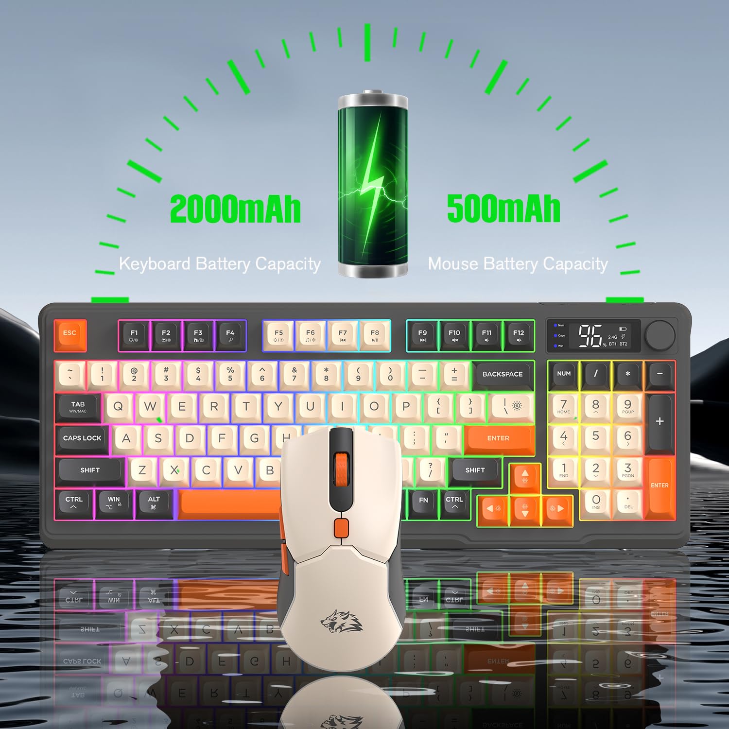 ZIYOU LANG×FREEWOLF T96 Kabelloses Gaming-Tastatur- und Maus-Set, BT/2,4 GHz, Smart Display und Knopf, Regenbogen-Hintergrundbeleuchtung, Aufladbare QWERTY-Tastatur,Drahtlos ComputerMaus –Schimmern