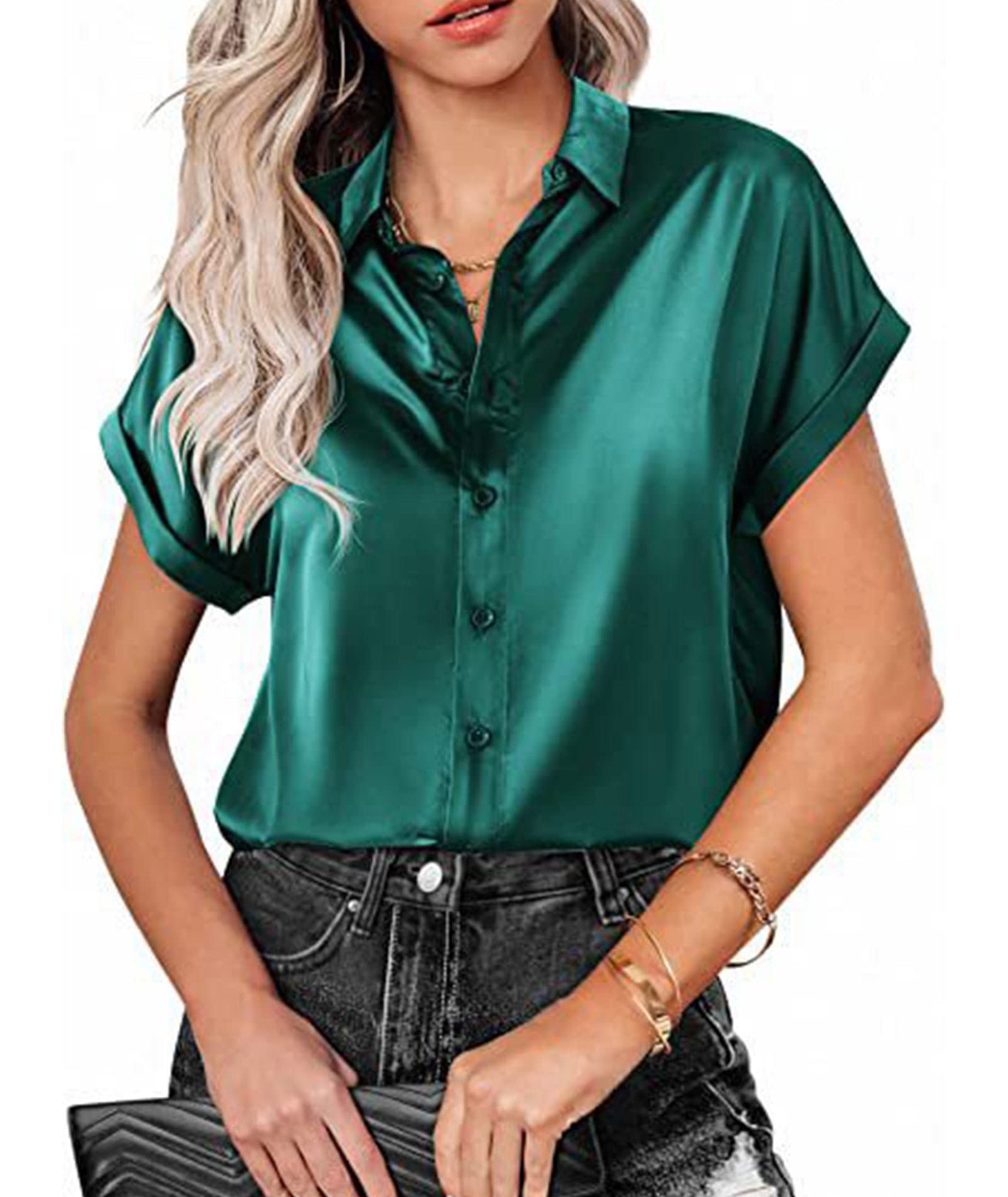 xxxiticat Camisa de seda de manga corta para mujer, cuello de pico, elegante, informal, ajustada, monocromática
