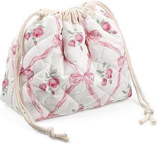 Quilted Drawstring Makeup Bag, Coquett Bow Cosmetic Bag with Canvas Lining, Travel Toiletry Drawstring Pouch for Women and Girls, Pink