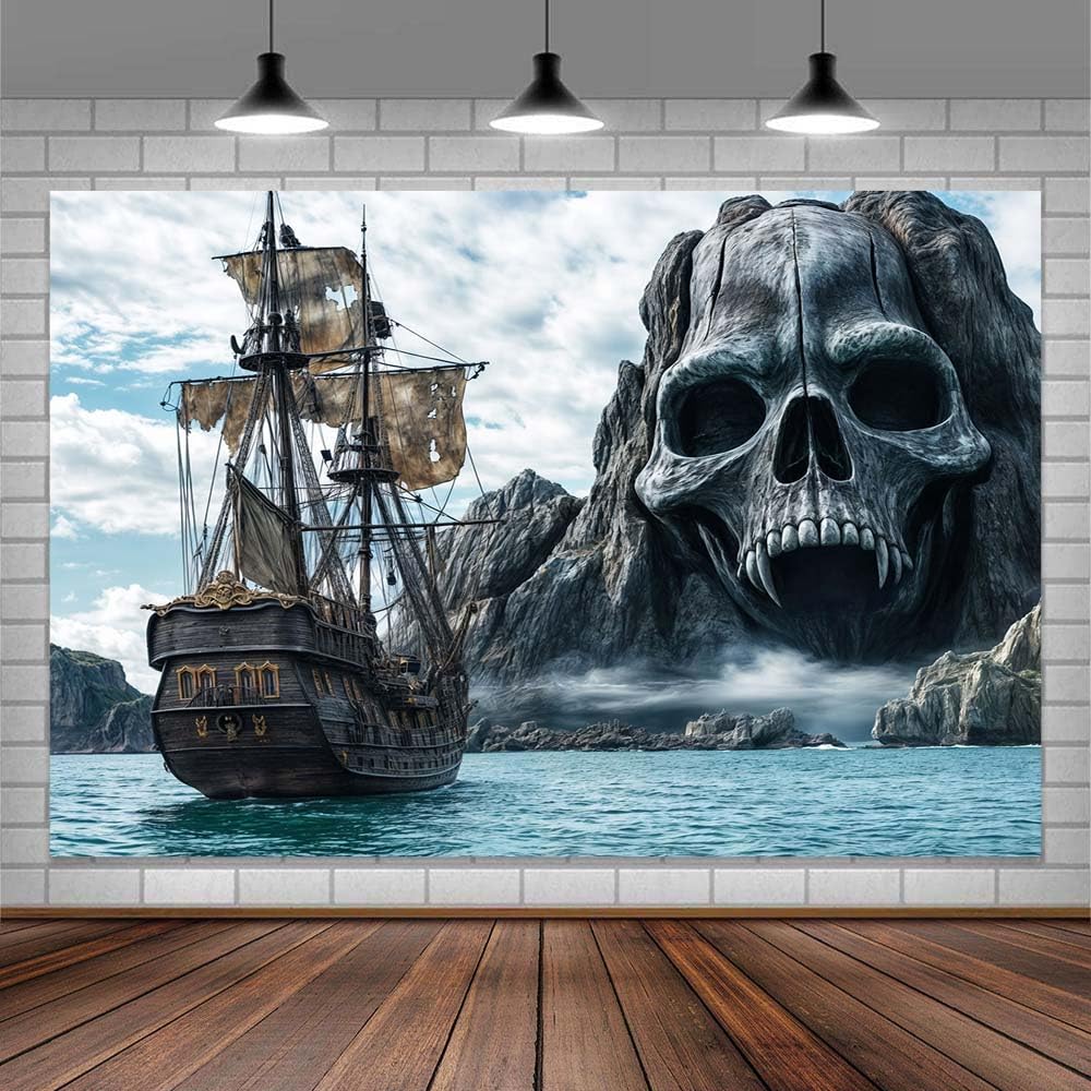 7X7ft Pirate Theme Photo Backdrop Photography Background, Treasure Chest Map Skull Gun Halloween Pirate Ship Trunk or Treat Backdrops Photo Booth Prop