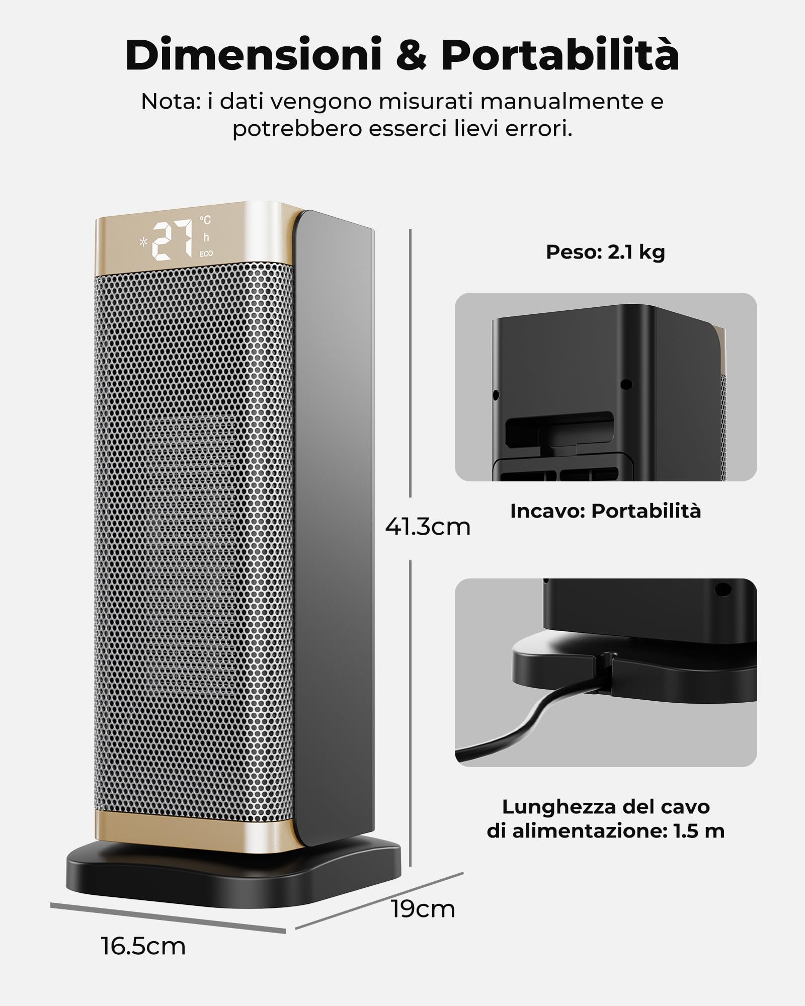 Stufetta Elettrica Basso Consumo - 2000W PTC Termoventilatore,3 Modalità,ECO,Timer 12H,70° Oscillazione,Telecomando,Protezione da Surriscaldamento/Ribaltamento,Basso Rumore,Portatile,Casa
