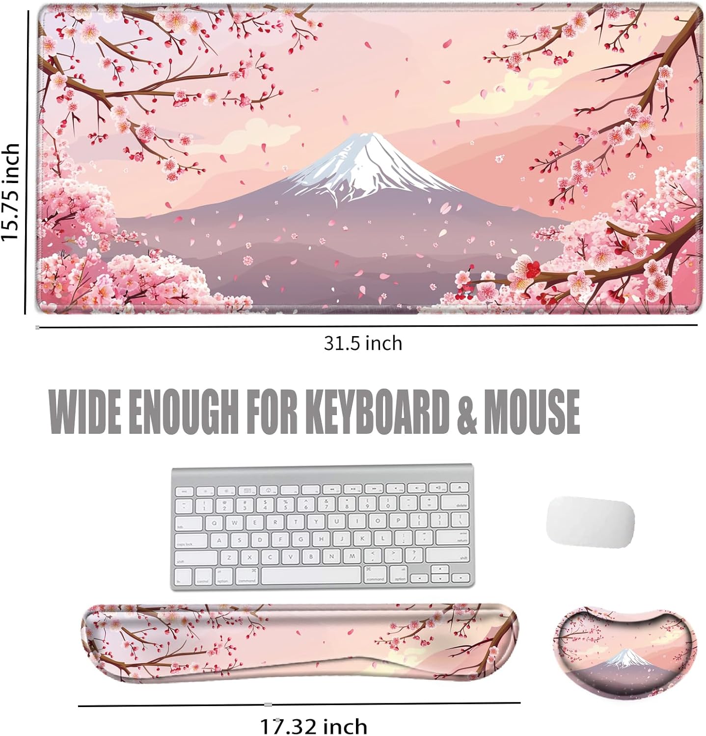 Cherry Blossom Mouse Pad and Keyboard Wrist Rest Japanese Pink Desk Mat Set Gaming Mousepad with Wrist Support XXL Computer Mat 31.5" x 15.75" Mouse Mat Organization Decor
