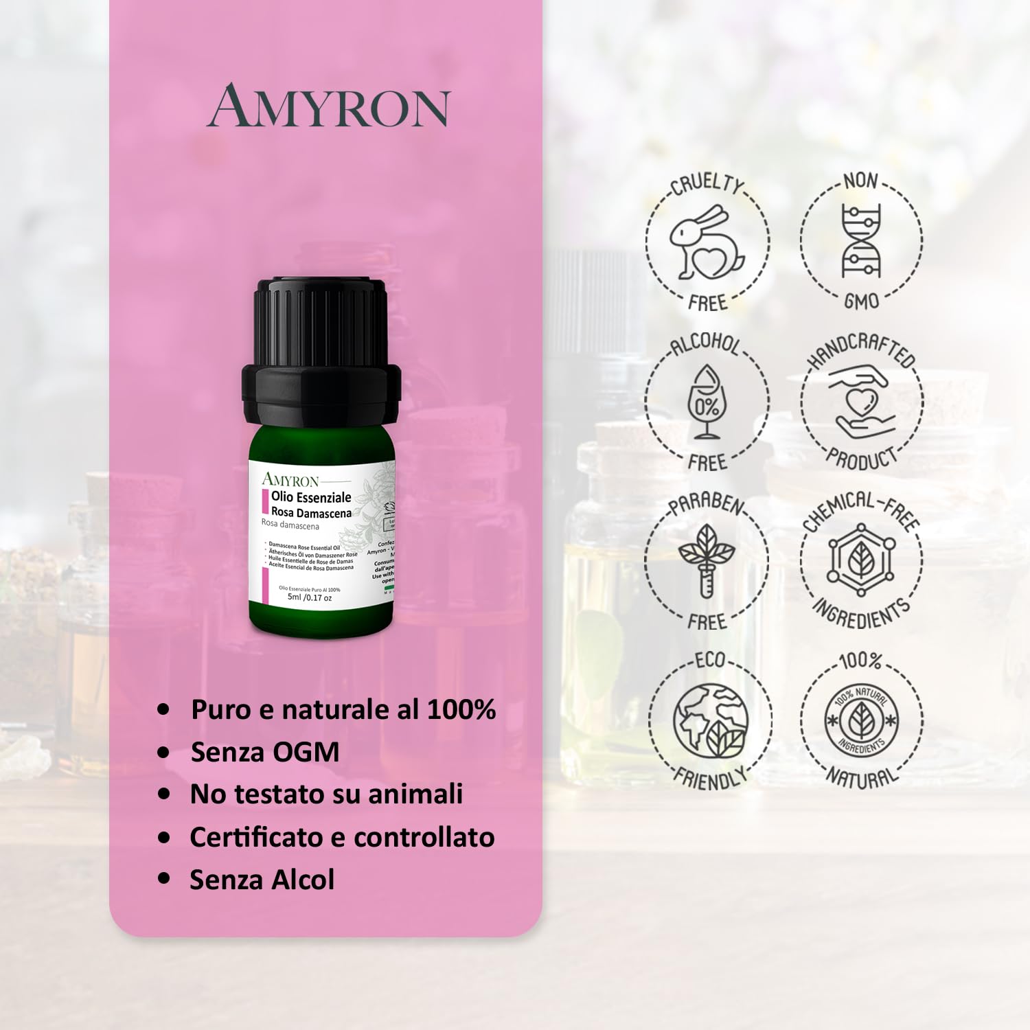 Ätherisches Öl Damaszener Rose 100% Rein 5ml/ 100% Natürlich/Ideal für Aromatherapie und Diffusoren/Aromatische Massagen/Topische Anwendung/Lebensmittelverwendung.