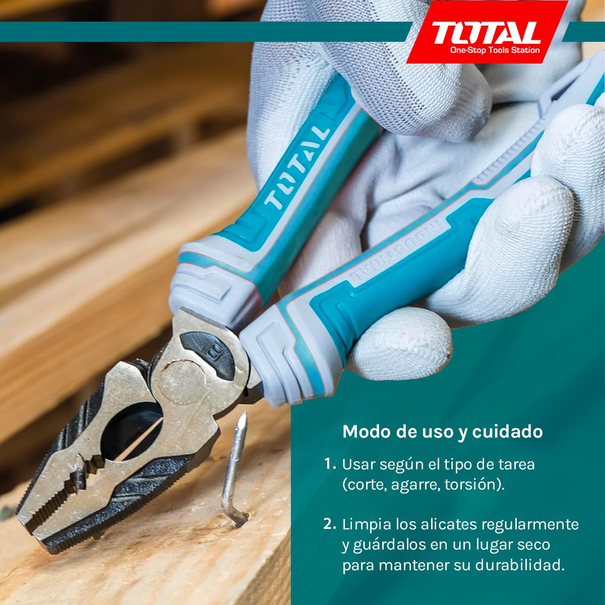 TOTAL - Juego de 3 Alicates - Universal 180 mm - Corte Diagonal 160 mm - Boca Plana 160 mm - Mango Ergonómico de Fibra - Acero - Ideal para Bricolaje y Electricistas - Peso 650 Gr