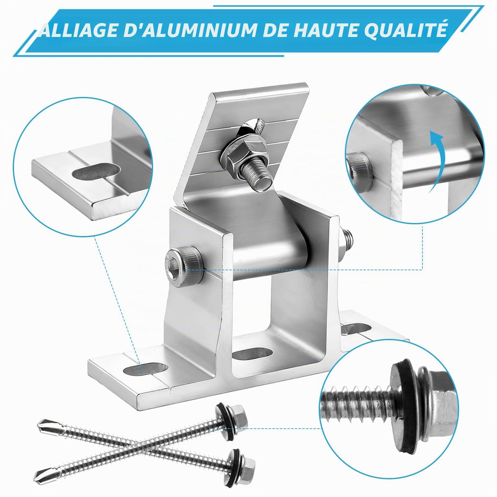 WOPPLXY Lot de 8 Support Panneau Solaire, Fixation Panneau Solaire Réglable de 10 à 60°, Kit Fixation Panneaus Solaires Fabriqué en Alliage d'Aluminium (Sans Perche Télescopique)