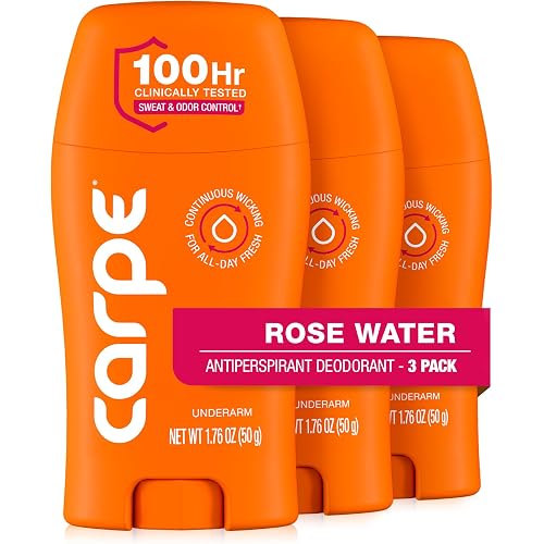 Carpe Underarm Antiperspirant for Women - 100 Hour Sweat & Odor Control - Women's Sweat Control Antiperspirant Deodorant - Extra Strength - Rose Water - 3 Pack