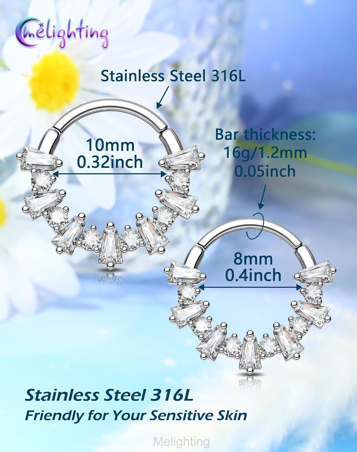 Melighting 16G Septum Ring, Fireworks Daith Piercing Jewelry 316L Stainless Steel, Rhombus Zircon Septum Clicker Hoop, Silver Helix Cartilage Earring for Women 8/10 mm