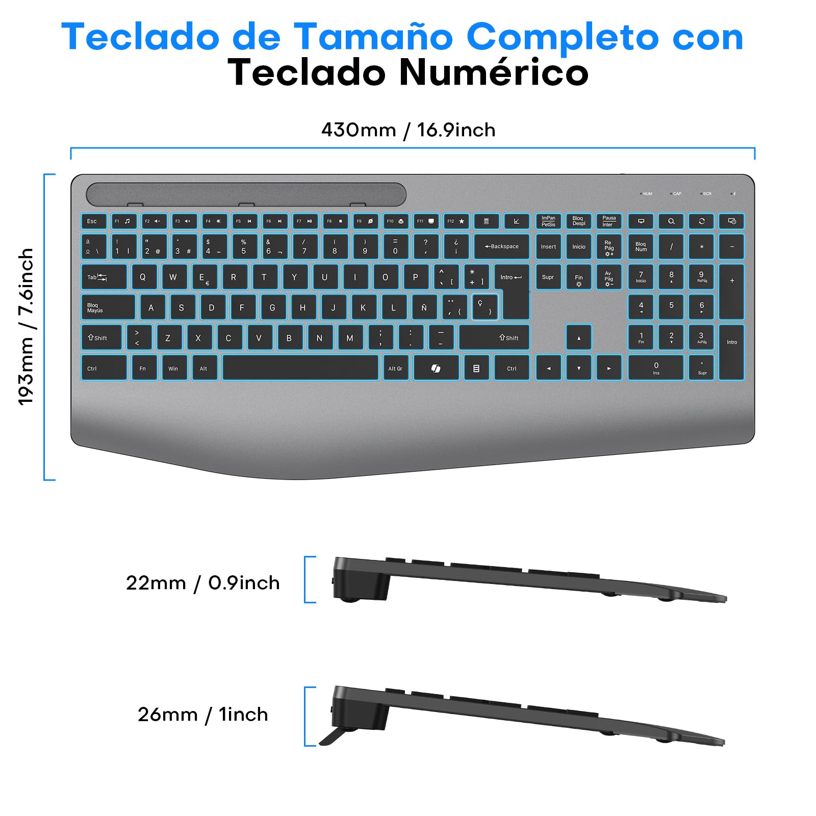 OMOTON Teclado Inalámbrico Ergonómico Reposamuñecas QWERTY Español 2,4G | Recargable, Teclado Silencioso, 7 colores retroiluminación, Soporte móvil, Oficina estudio, para Windows y Linux