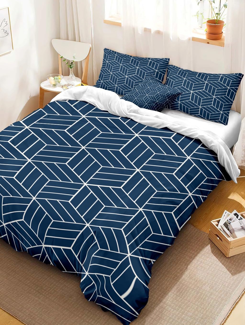 Bettwäsche 155x220 cm Blaues Geometrisches Muster, Bettbezug 3teilig Weiche Allergiker Microfaser Bettwäsche-Sets, Deckenbezug mit Reißverschluss und 2 Kissenbezüge 80x80cm