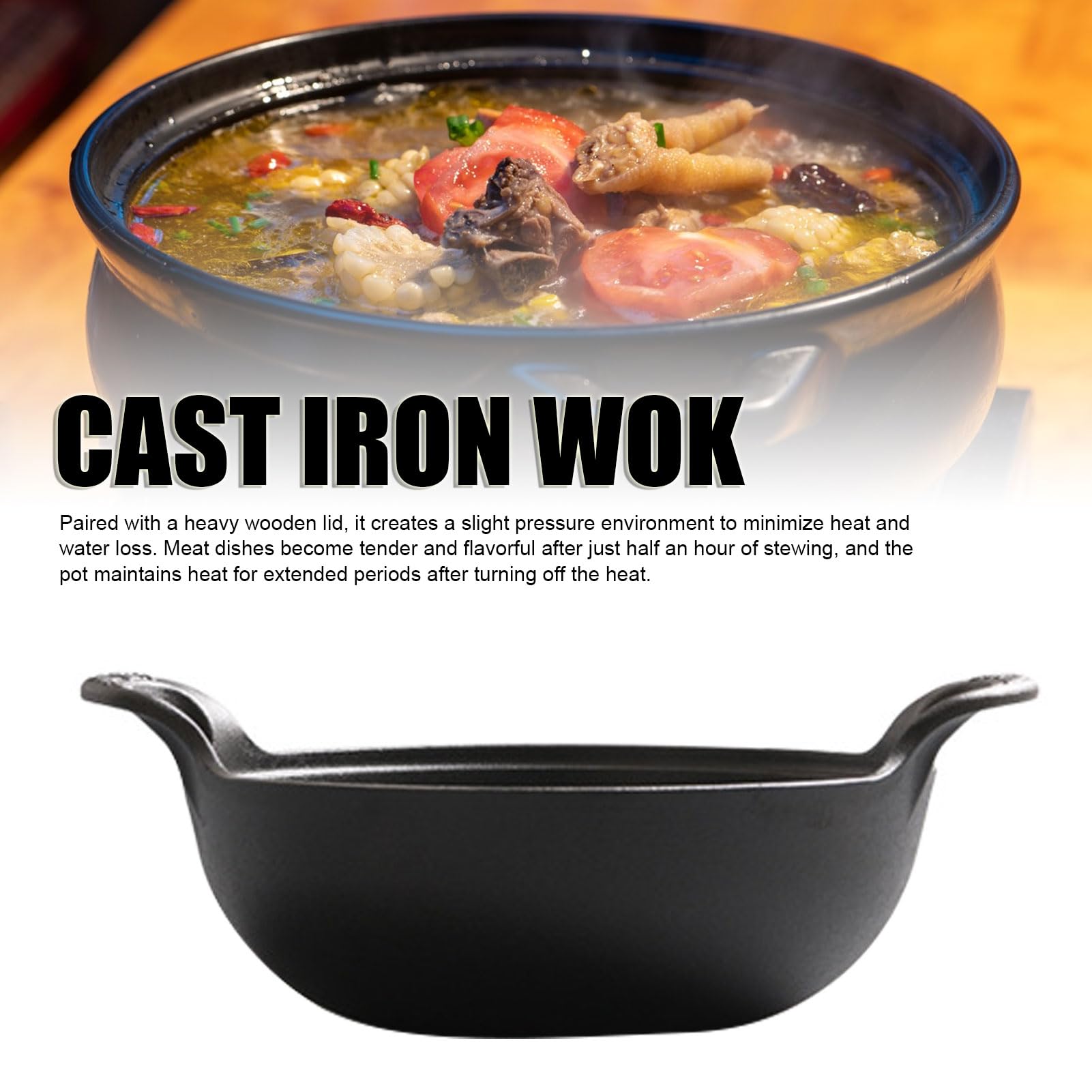 Wok in Ghisa con Doppio Manico, Coperchio in Legno, Pentola per Stufato Pre-stagionata Non Rivestita, Pentole in Ghisa per Piano Cottura a Induzione, 12,6x3,9 Pollici (32 cm / 12,6 pollici)