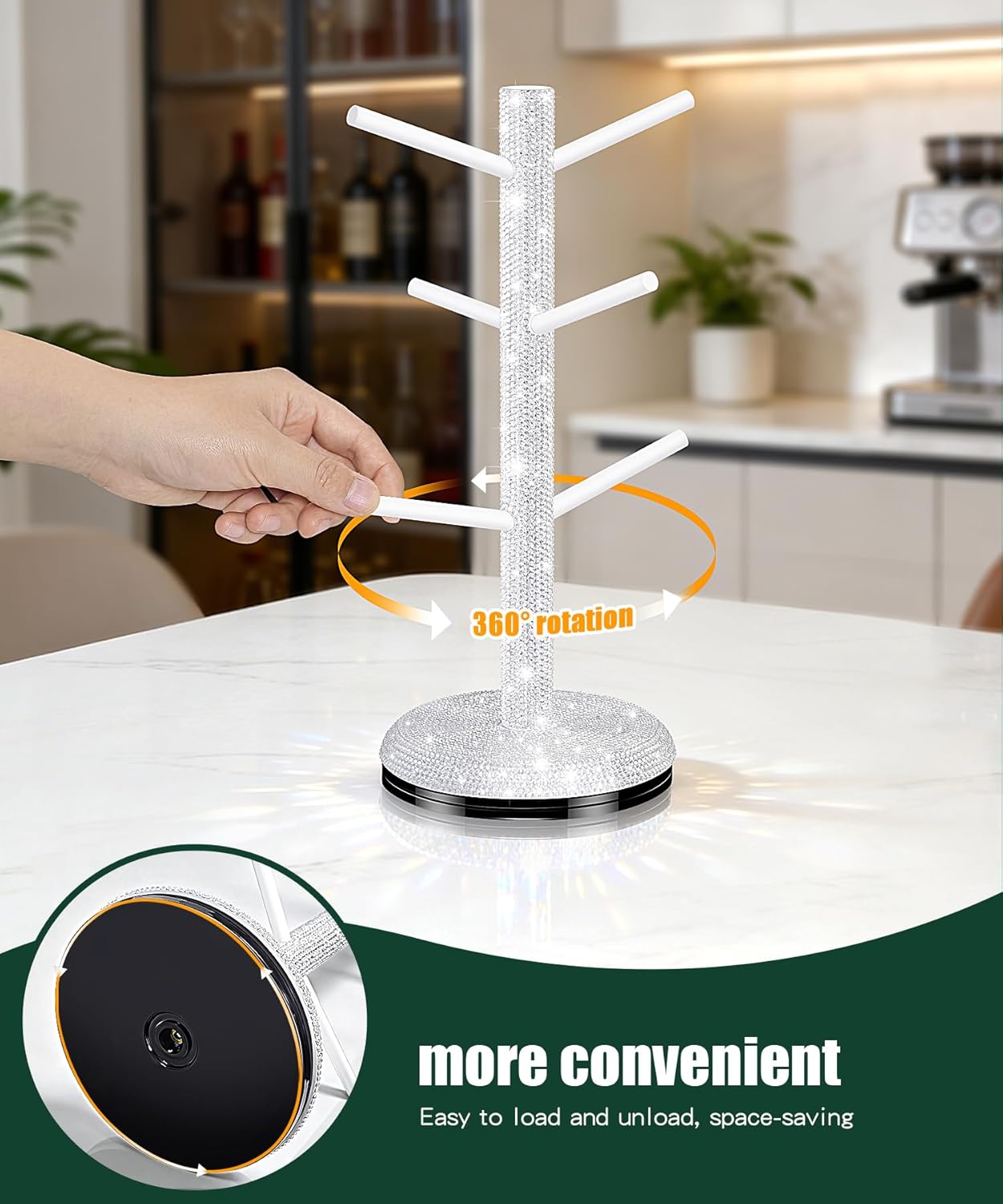Bling Mug Holder Tree, 360° Rotation Coffee Cup Holder with 6 Hooks Crystal Rhinestone Mug Tree Rack Aesthetic Design Home Organization（White）