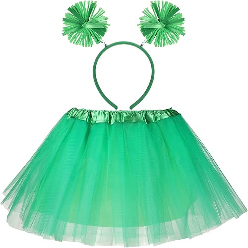 Faldas tutú de tul de 4 capas para niñas con diadema de pompones para niños, fiesta de cosplay, escuela, festival, accesorios de disfraces, Verde