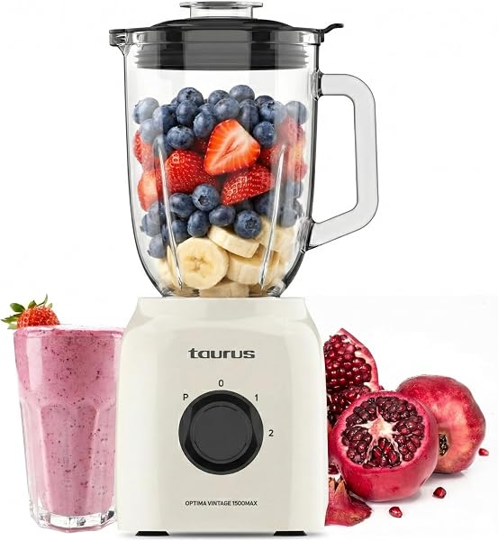 Taurus - Optima Vintage MAX Glass Blender, 1500 W, 21,500 rpm, 1.8 L Glass Jug, Stainless Steel Blades, Ice Pick, 2 Speeds and Turbo, Safety System, Vintage Design, Cream - 1