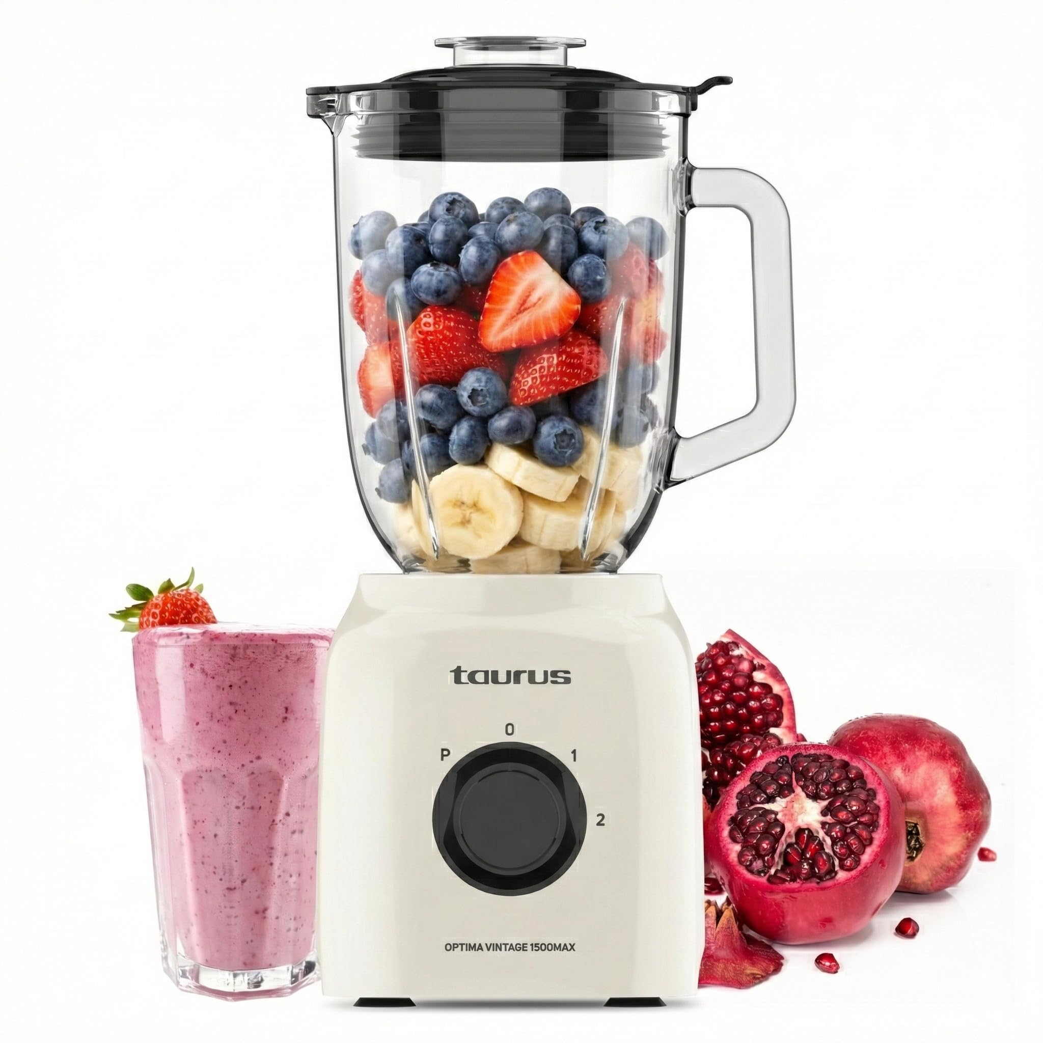 Taurus - Optima Vintage MAX Glass Blender, 1500 W, 21,500 rpm, 1.8 L Glass Jug, Stainless Steel Blades, Ice Pick, 2 Speeds and Turbo, Safety System, Vintage Design, Cream