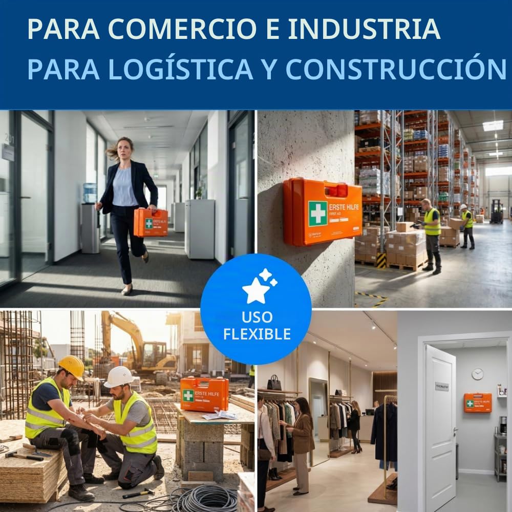 Maletín de primeros auxilios para operaciones con contenido según DIN 13157 en naranja, botiquín relleno y con soporte de pared