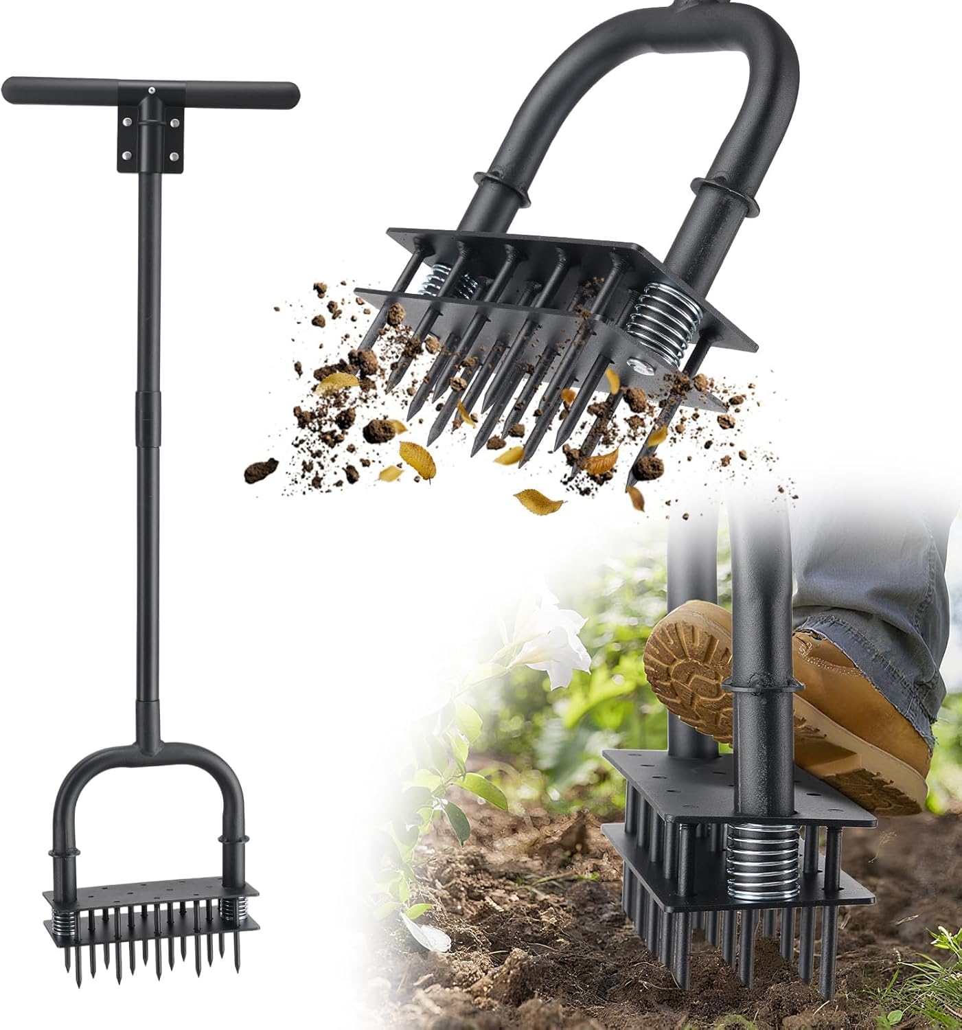 Aireador de césped, herramienta manual de 99 cm de largo, aireador de núcleo de mano de obra con 14 picos de acero, aireador manual de césped para césped, jardín, patio
