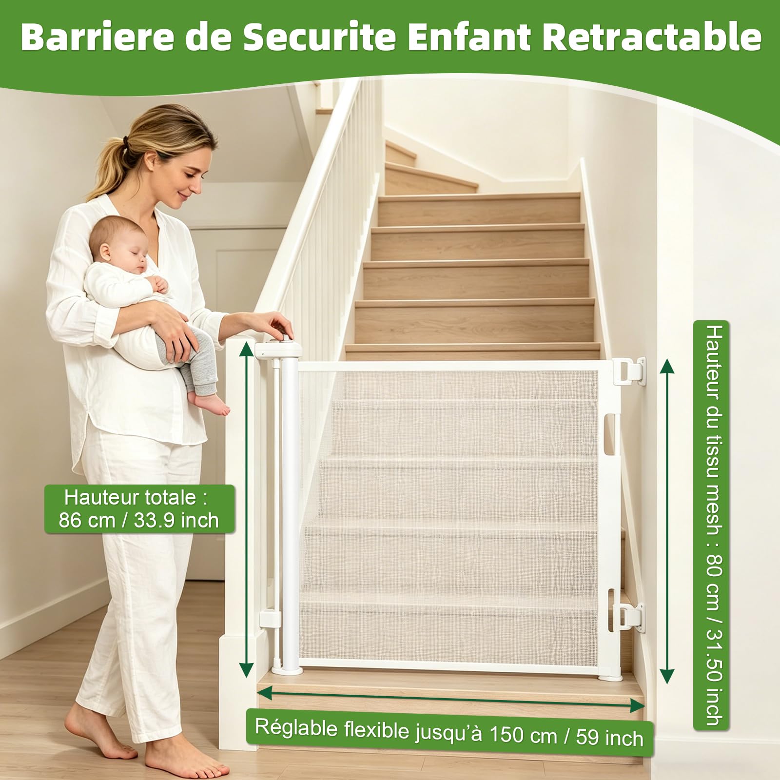 Dioxide Barrière de Sécurité Rétractable pour Bébé, 0-150 cm Barriere Retractable Enfant, Barrière Sécurité Enfant Adaptée aux Escaliers, Couloirs, Intérieur et Extérieur (Blanc)
