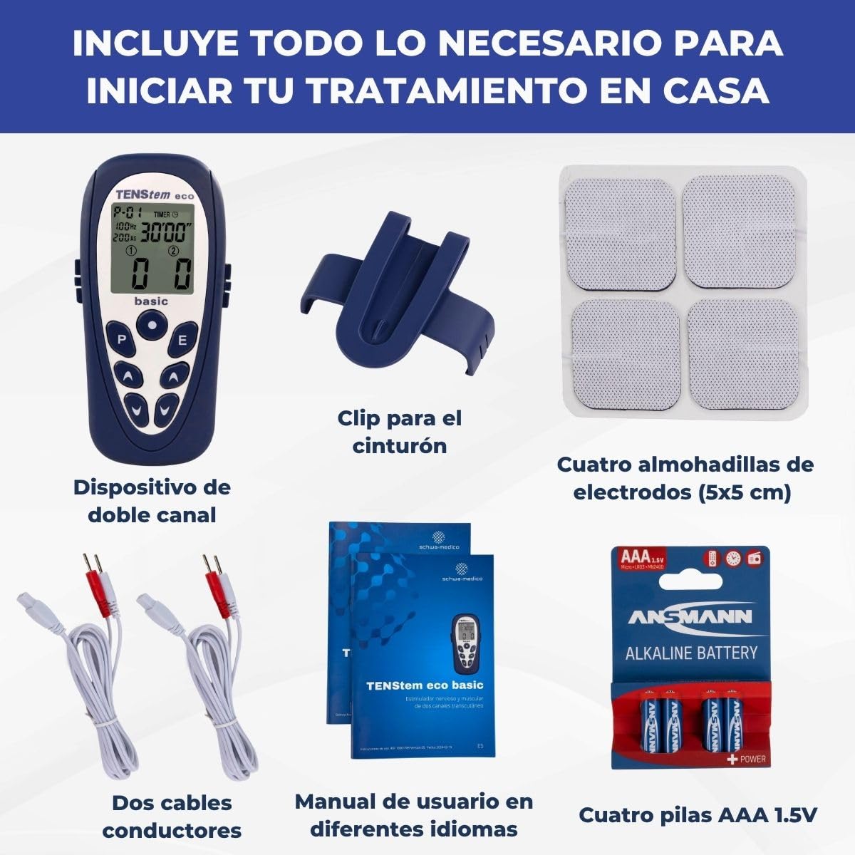 Tens Eco Basic, Electroestimulador Portátil, 2 Canales, 12 Programas + 4 Personalizables, Alivio del Dolor, Estimulación Muscular e Iontoforesis No Invasiva, Pantalla LCD