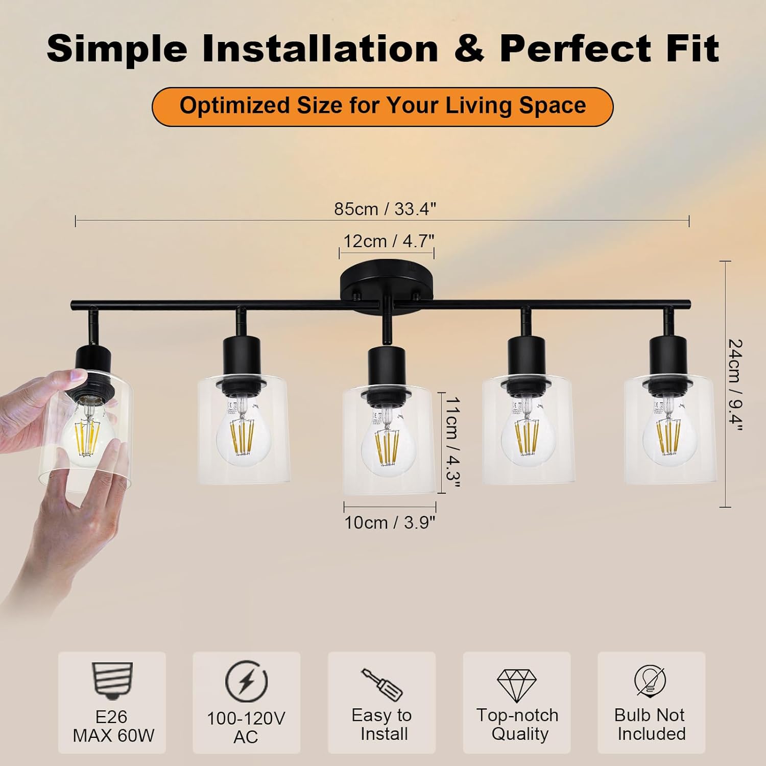 HiBay 5-Light Black Track Lighting Fixtures Ceiling, Multi Directional Foldable Glass Spotlight, Modern Farmhouse Industrial Track Light for Kitchen, Living Room, Home Office, E26 Base