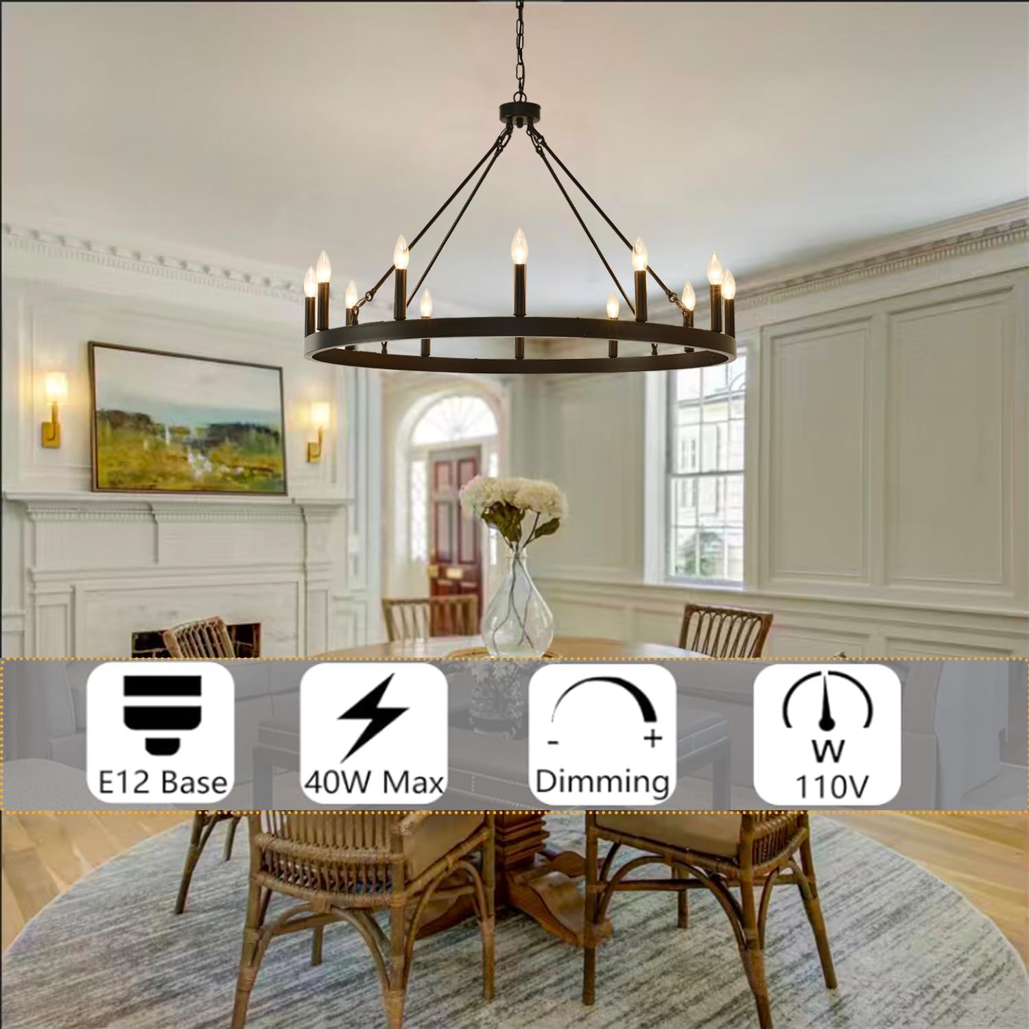Black Wagon Wheel Chandelier 40",12 Light Large Farmhouse Chandeliers Round Rustic Wagon Wheel Light Fixture for Dining Room Living Room Villa Foyer Entrance